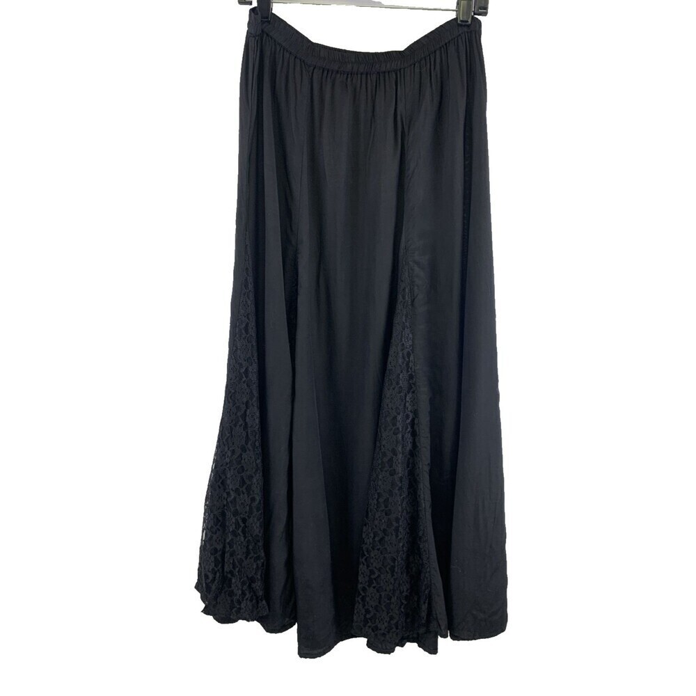 White Stag Rayon Maxi Skirt Flare Circle Elastic Waist Lace Panels Black Medium